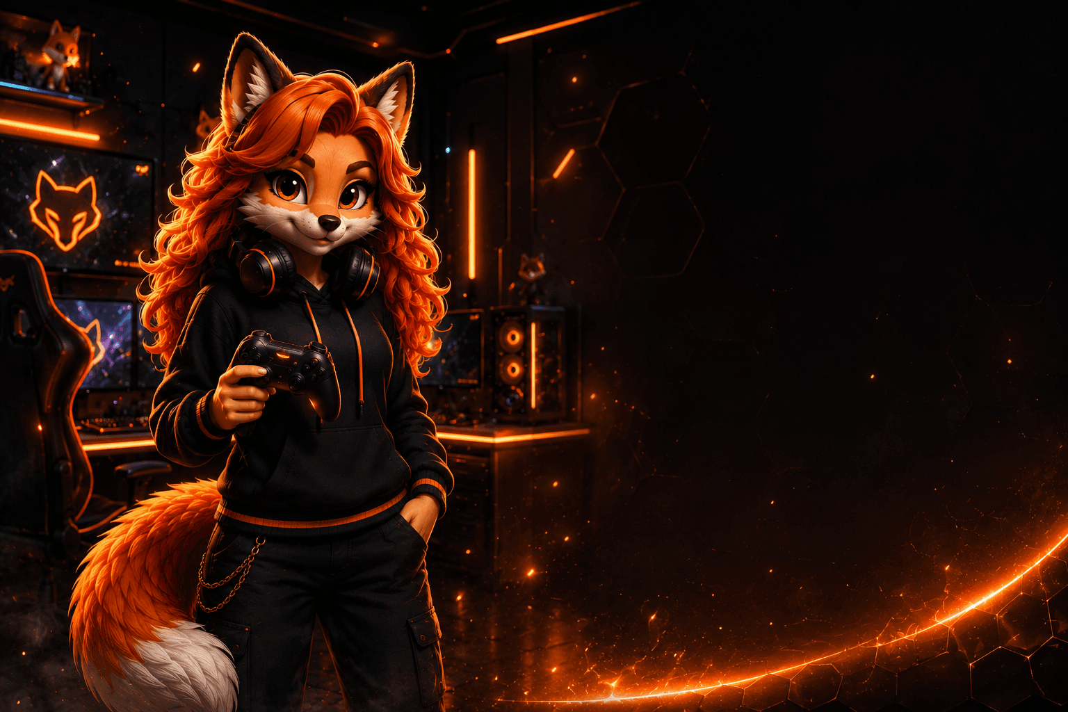 Gabi Fox segurando um controle em seu setup gamer premium